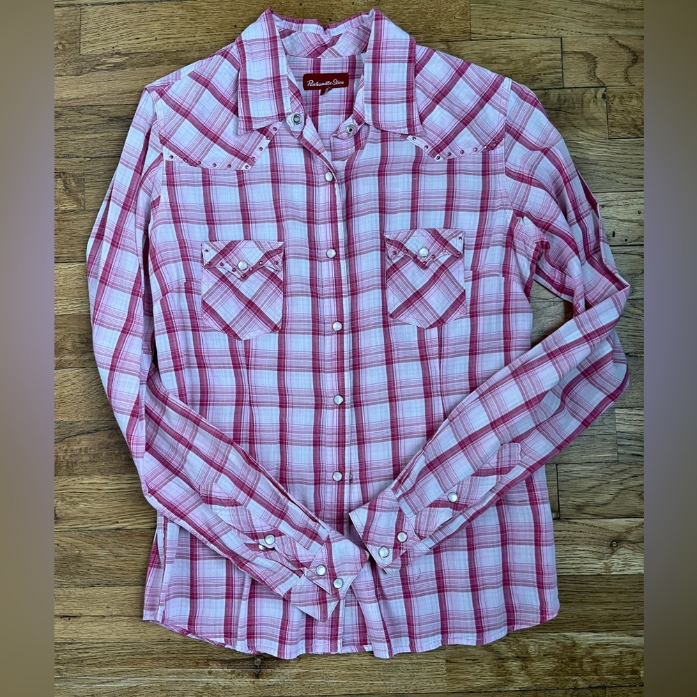 Women’s Panhandle Slim Pink Plaid Pearl Snap Western Shirt, Rodeo Shirt